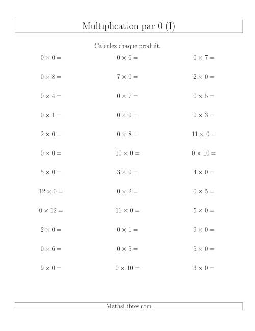 Règles de Multiplication Individuelles -- Multiplication par 0 -- Variation 0 à 12 (I)