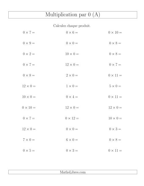 Règles de Multiplication Individuelles -- Multiplication par 0 -- Variation 0 à 12 (Tout)