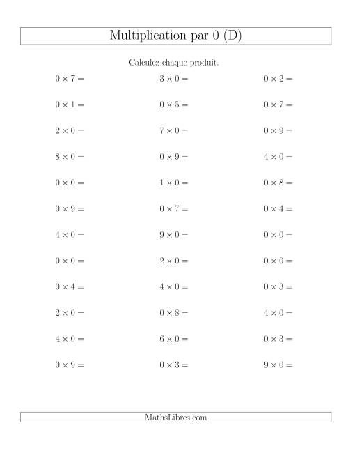 Règles de Multiplication Individuelles -- Multiplication par 0 -- Variation 0 à 9 (D)