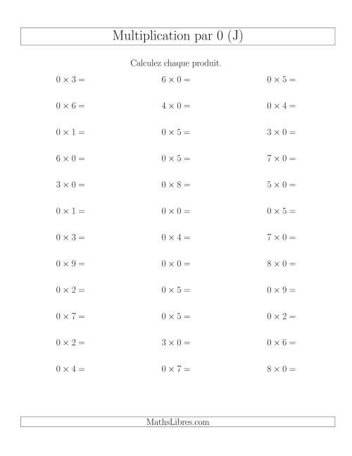 Règles de Multiplication Individuelles -- Multiplication par 0 -- Variation 0 à 9 (J)