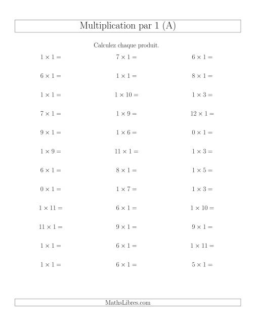 Règles de Multiplication Individuelles -- Multiplication par 1 -- Variation 0 à 12 (A)