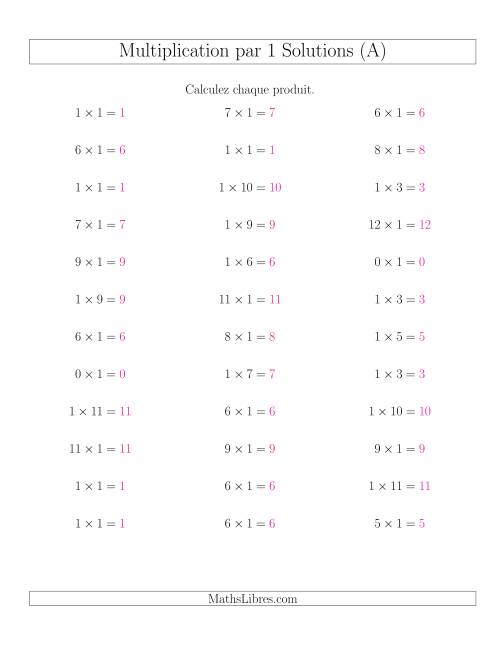 Règles de Multiplication Individuelles -- Multiplication par 1 -- Variation 0 à 12 (A) page 2
