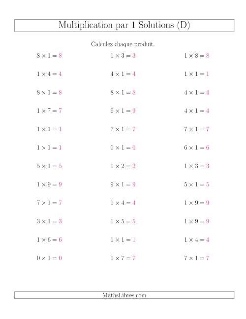 Règles de Multiplication Individuelles -- Multiplication par 1 -- Variation 0 à 9 (D) page 2