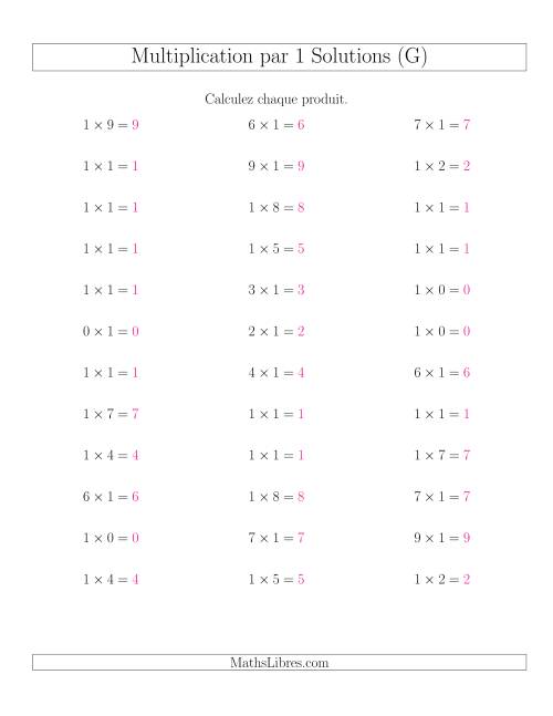 Règles de Multiplication Individuelles -- Multiplication par 1 -- Variation 0 à 9 (G) page 2