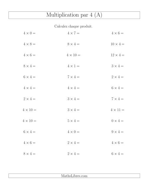 Règles de Multiplication Individuelles -- Multiplication par 4 -- Variation 0 à 12 (A)