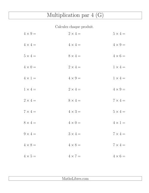 Règles de Multiplication Individuelles -- Multiplication par 4 -- Variation 0 à 9 (G)