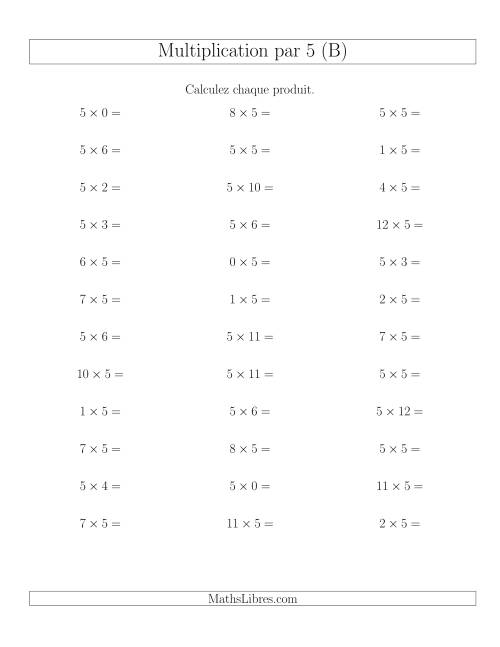 Règles de Multiplication Individuelles -- Multiplication par 5 -- Variation 0 à 12 (B)