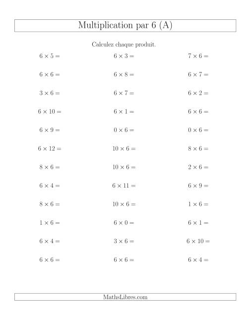 Règles de Multiplication Individuelles -- Multiplication par 6 -- Variation 0 à 12 (A)