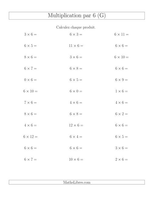 Règles de Multiplication Individuelles -- Multiplication par 6 -- Variation 0 à 12 (G)
