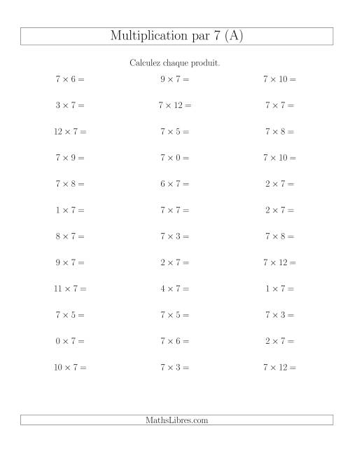 Règles de Multiplication Individuelles -- Multiplication par 7 -- Variation 0 à 12 (A)