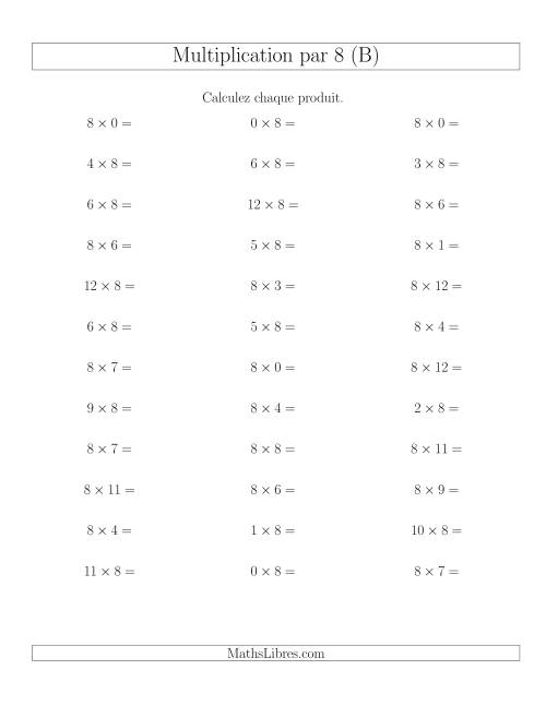 Règles de Multiplication Individuelles -- Multiplication par 8 -- Variation 0 à 12 (B)