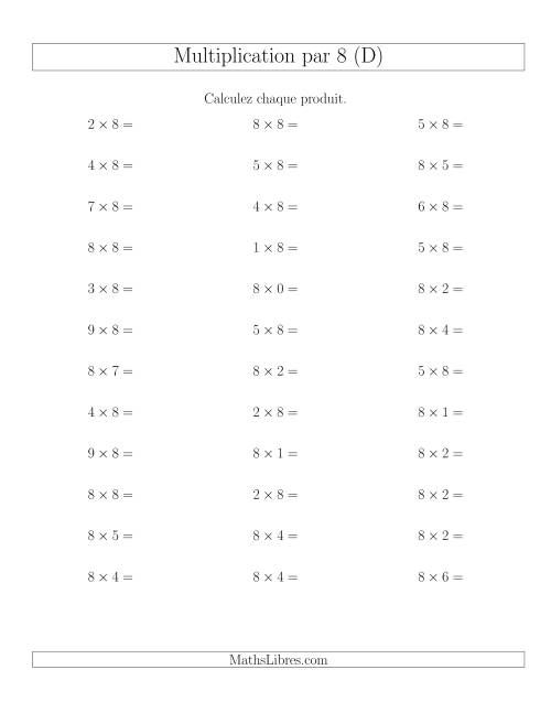 Règles de Multiplication Individuelles -- Multiplication par 8 -- Variation 0 à 9 (D)