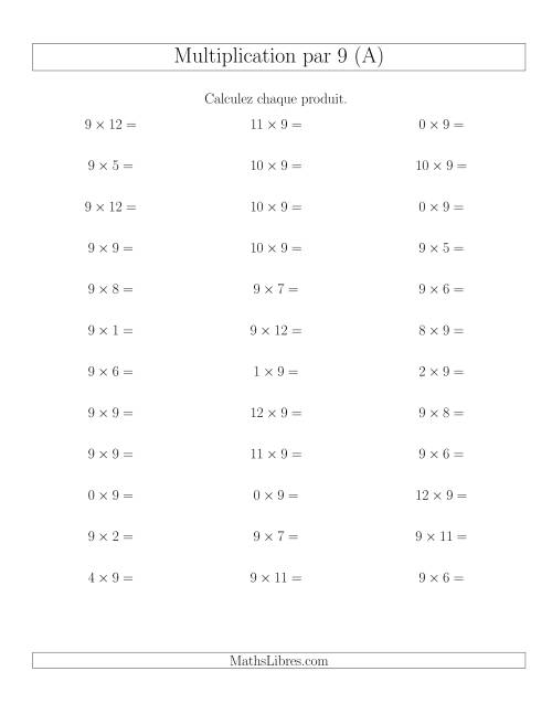 Règles de Multiplication Individuelles -- Multiplication par 9 -- Variation 0 à 12 (A)