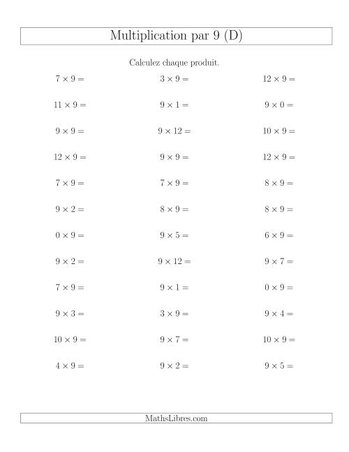Règles de Multiplication Individuelles -- Multiplication par 9 -- Variation 0 à 12 (D)