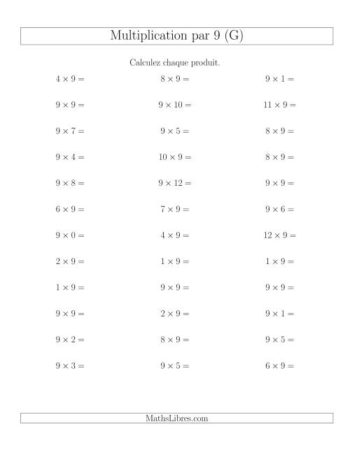 Règles de Multiplication Individuelles -- Multiplication par 9 -- Variation 0 à 12 (G)