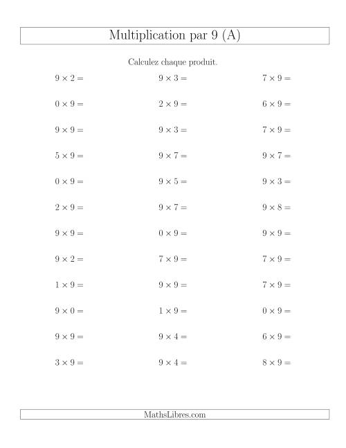 Règles de Multiplication Individuelles -- Multiplication par 9 -- Variation 0 à 9 (A)