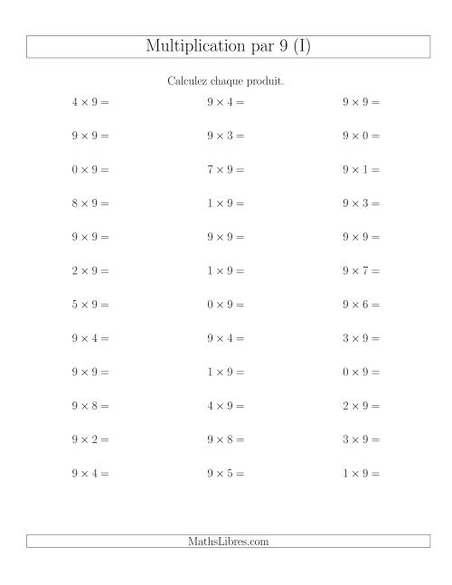 Règles de Multiplication Individuelles -- Multiplication par 9 -- Variation 0 à 9 (I)