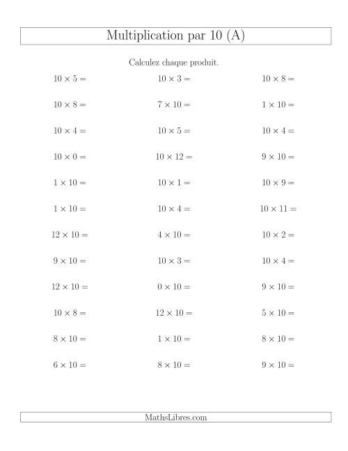 Règles de Multiplication Individuelles -- Multiplication par 10 -- Variation 0 à 12 (A)