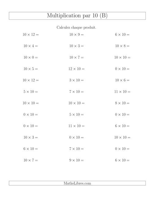 Règles de Multiplication Individuelles -- Multiplication par 10 -- Variation 0 à 12 (B)