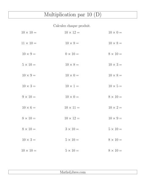 Règles de Multiplication Individuelles -- Multiplication par 10 -- Variation 0 à 12 (D)