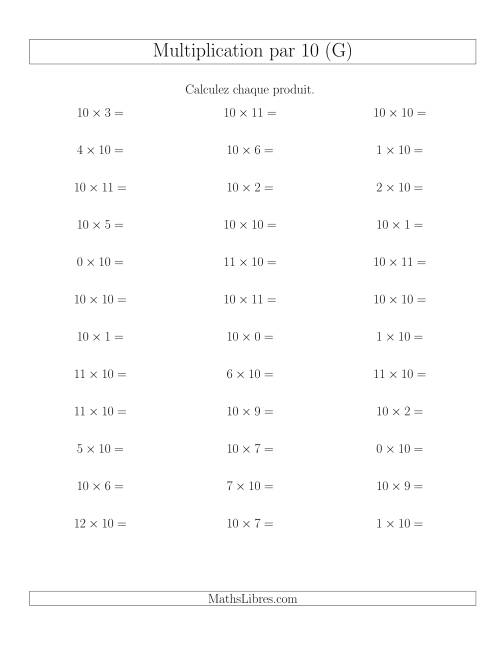 Règles de Multiplication Individuelles -- Multiplication par 10 -- Variation 0 à 12 (G)