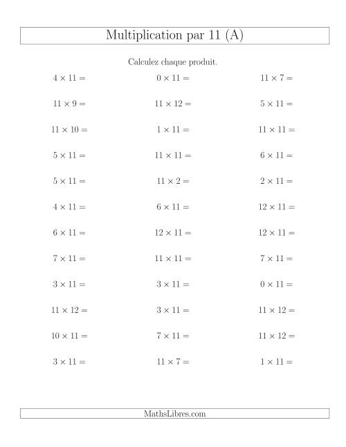 Règles de Multiplication Individuelles -- Multiplication par 11 -- Variation 0 à 12 (A)