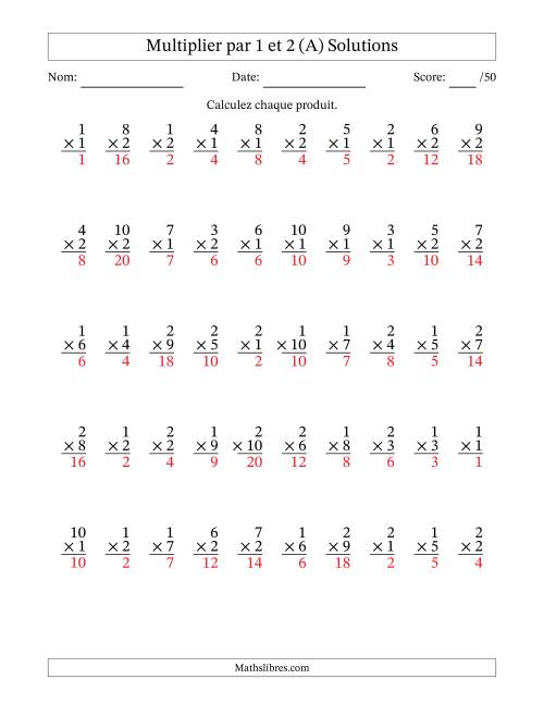 Multiplier (1 à 10) par 1 et 2 (50 Questions) (A) page 2