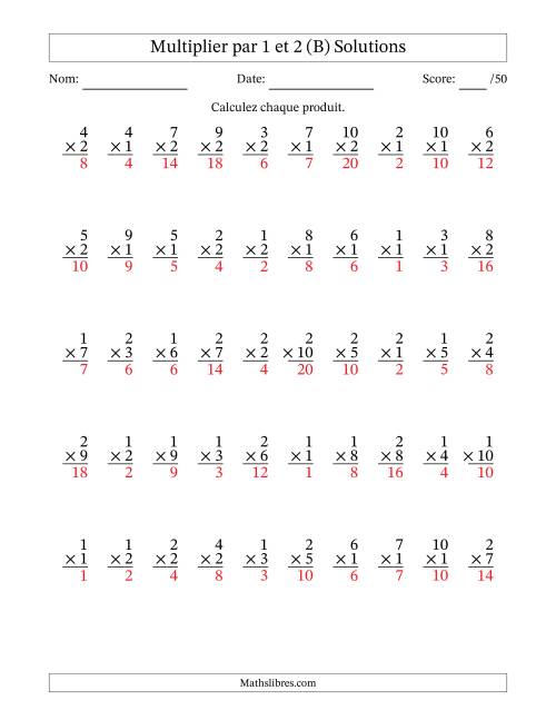 Multiplier (1 à 10) par 1 et 2 (50 Questions) (B) page 2