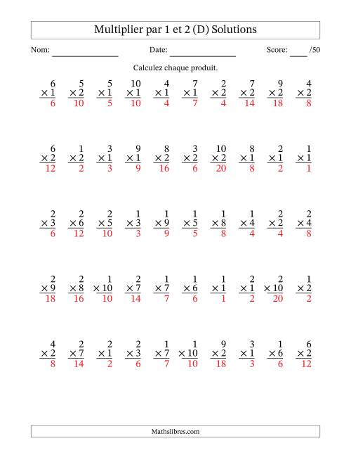 Multiplier (1 à 10) par 1 et 2 (50 Questions) (D) page 2