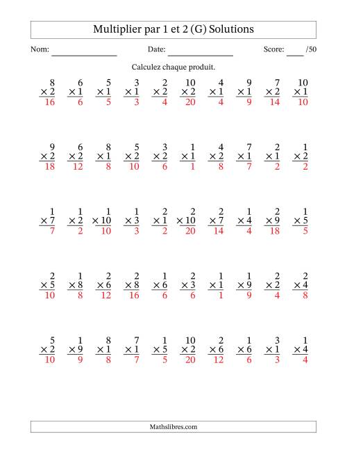 Multiplier (1 à 10) par 1 et 2 (50 Questions) (G) page 2