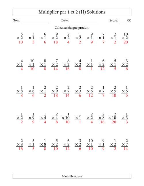 Multiplier (1 à 10) par 1 et 2 (50 Questions) (H) page 2