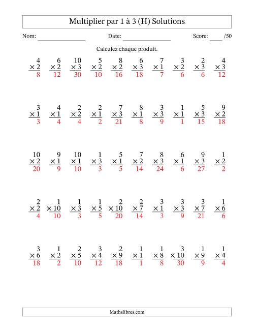 Multiplier (1 à 10) par 1 à 3 (50 Questions) (H) page 2