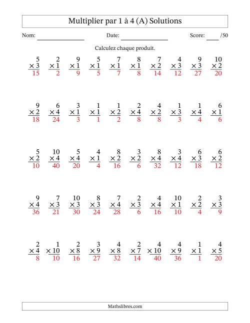 Multiplier (1 à 10) par 1 à 4 (50 Questions) (A) page 2
