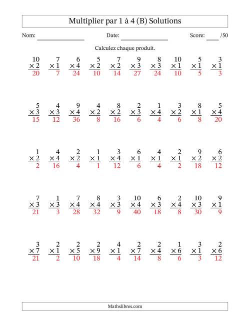 Multiplier (1 à 10) par 1 à 4 (50 Questions) (B) page 2