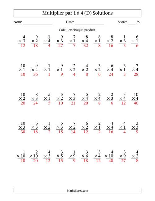 Multiplier (1 à 10) par 1 à 4 (50 Questions) (D) page 2