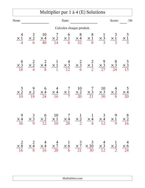 Multiplier (1 à 10) par 1 à 4 (50 Questions) (E) page 2