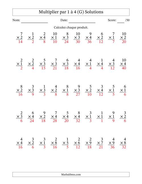 Multiplier (1 à 10) par 1 à 4 (50 Questions) (G) page 2