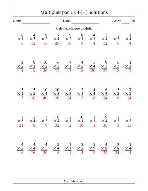 Multiplier (1 à 10) par 1 à 4 (50 Questions) (H) page 2