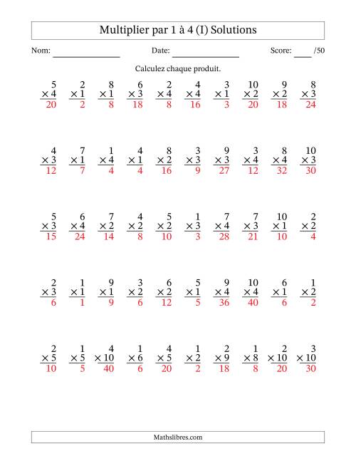 Multiplier (1 à 10) par 1 à 4 (50 Questions) (I) page 2