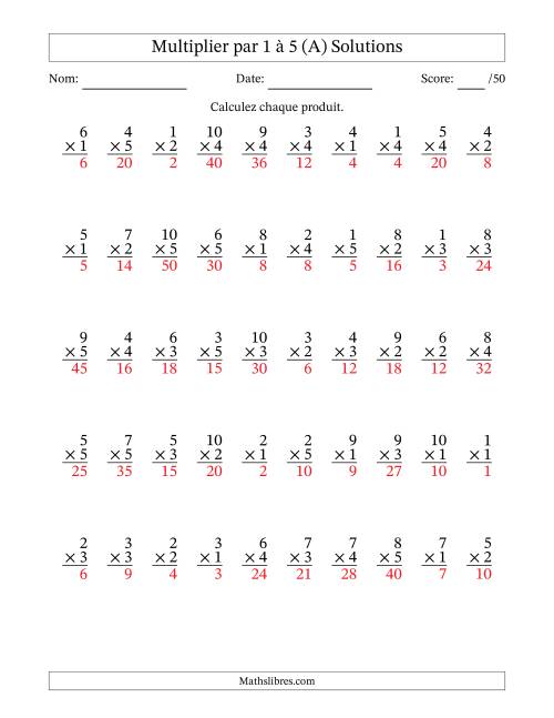 Multiplier (1 à 10) par 1 à 5 (50 Questions) (A) page 2