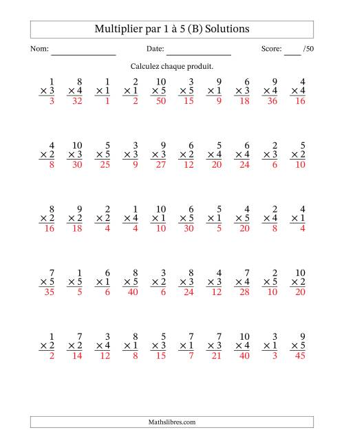 Multiplier (1 à 10) par 1 à 5 (50 Questions) (B) page 2