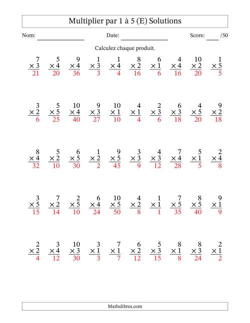 Multiplier (1 à 10) par 1 à 5 (50 Questions) (E) page 2