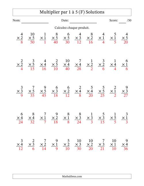 Multiplier (1 à 10) par 1 à 5 (50 Questions) (F) page 2