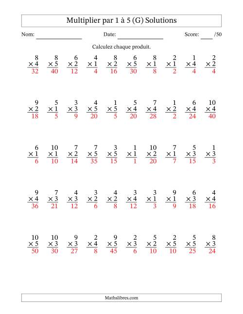 Multiplier (1 à 10) par 1 à 5 (50 Questions) (G) page 2