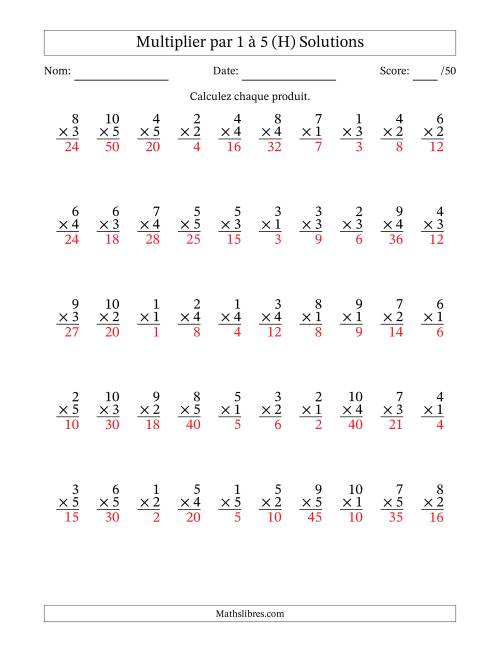 Multiplier (1 à 10) par 1 à 5 (50 Questions) (H) page 2