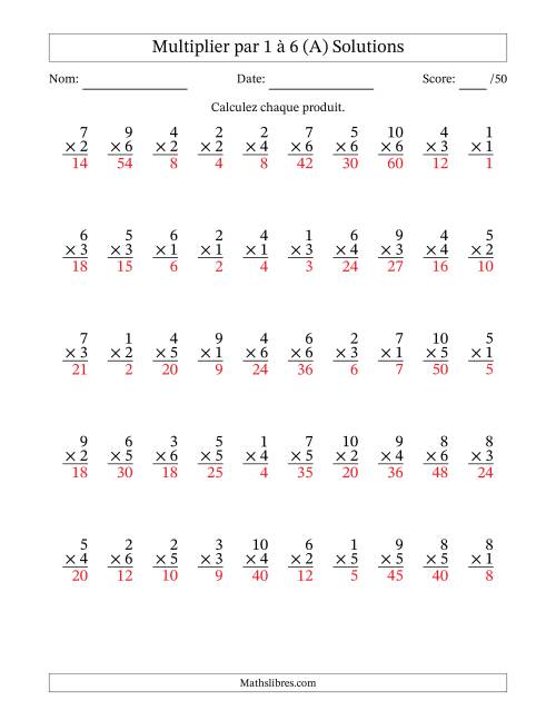 Multiplier (1 à 10) par 1 à 6 (50 Questions) (A) page 2