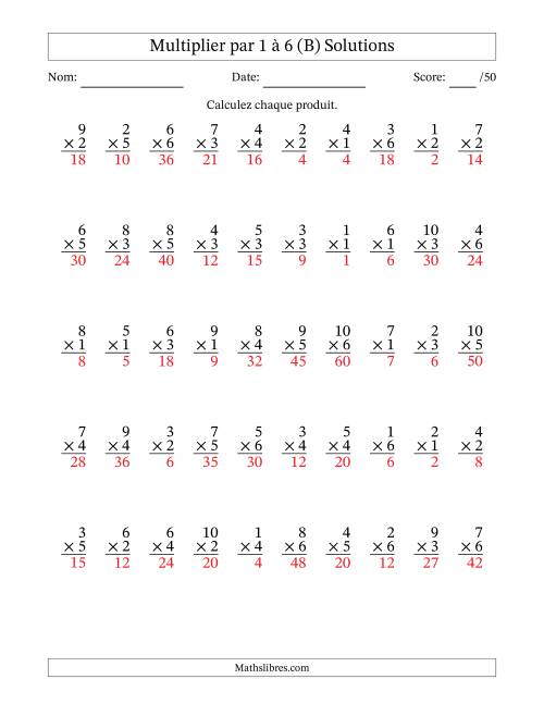 Multiplier (1 à 10) par 1 à 6 (50 Questions) (B) page 2