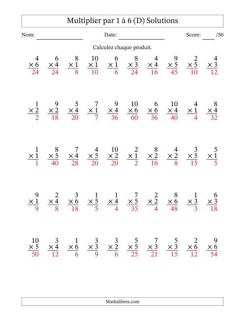 Multiplier (1 à 10) par 1 à 6 (50 Questions) (D) page 2