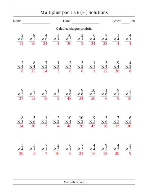 Multiplier (1 à 10) par 1 à 6 (50 Questions) (H) page 2