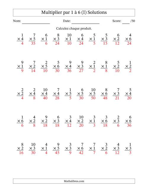 Multiplier (1 à 10) par 1 à 6 (50 Questions) (I) page 2